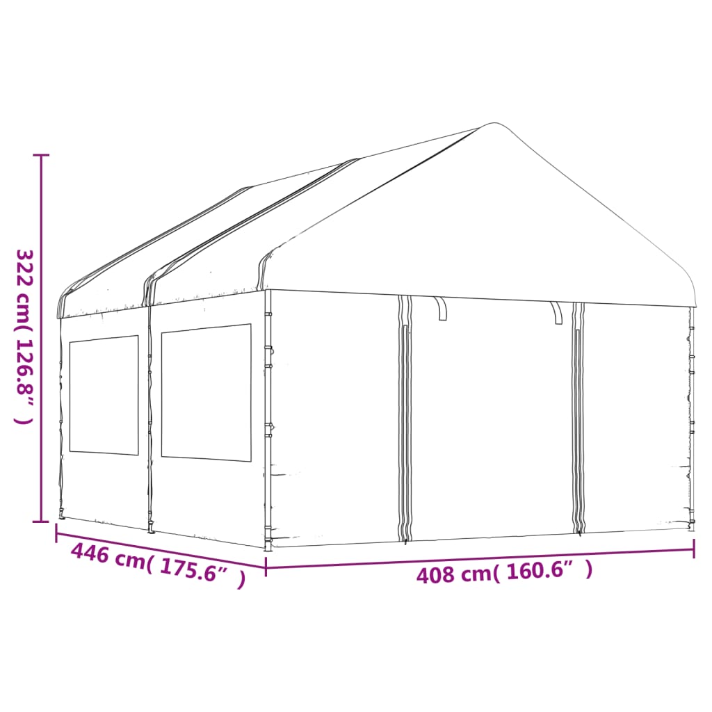 Prieel met dak 13,38x4,08x3,22 m polyetheen wit