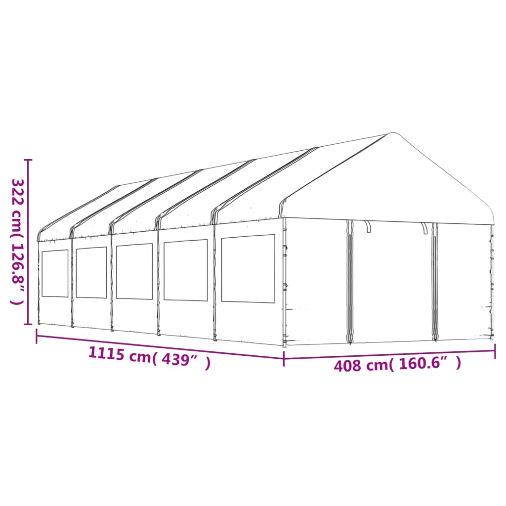 Prieel met dak 13,38x4,08x3,22 m polyetheen wit