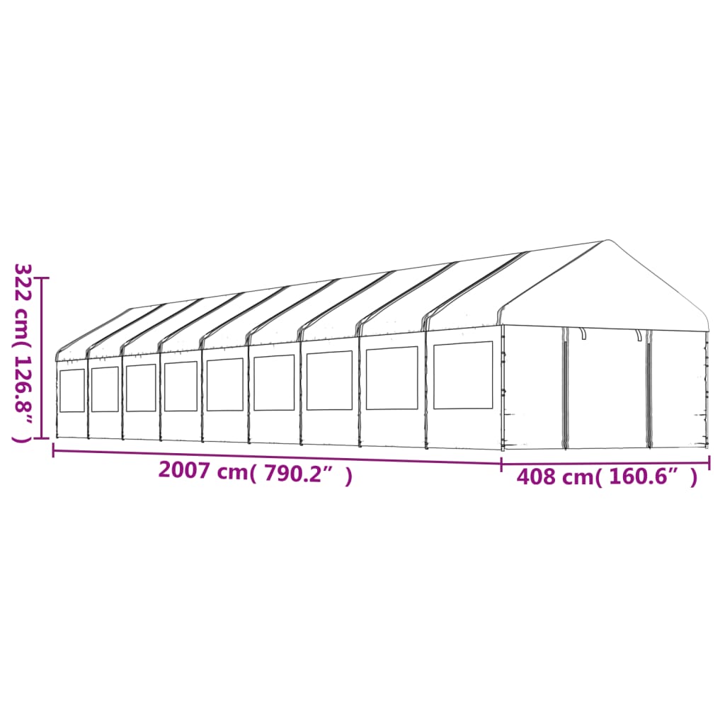 Prieel met dak 13,38x4,08x3,22 m polyetheen wit