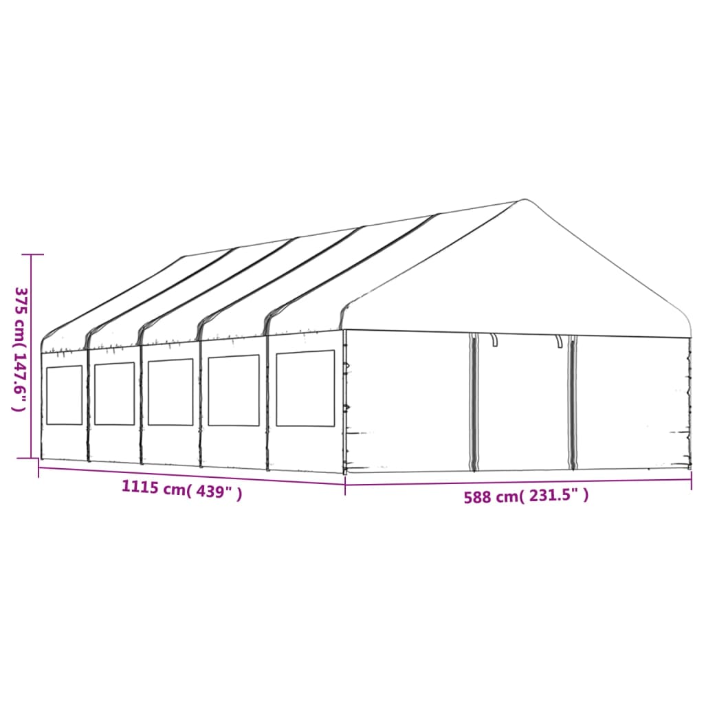 Prieel met dak 17,84x5,88x3,75 m polyetheen wit