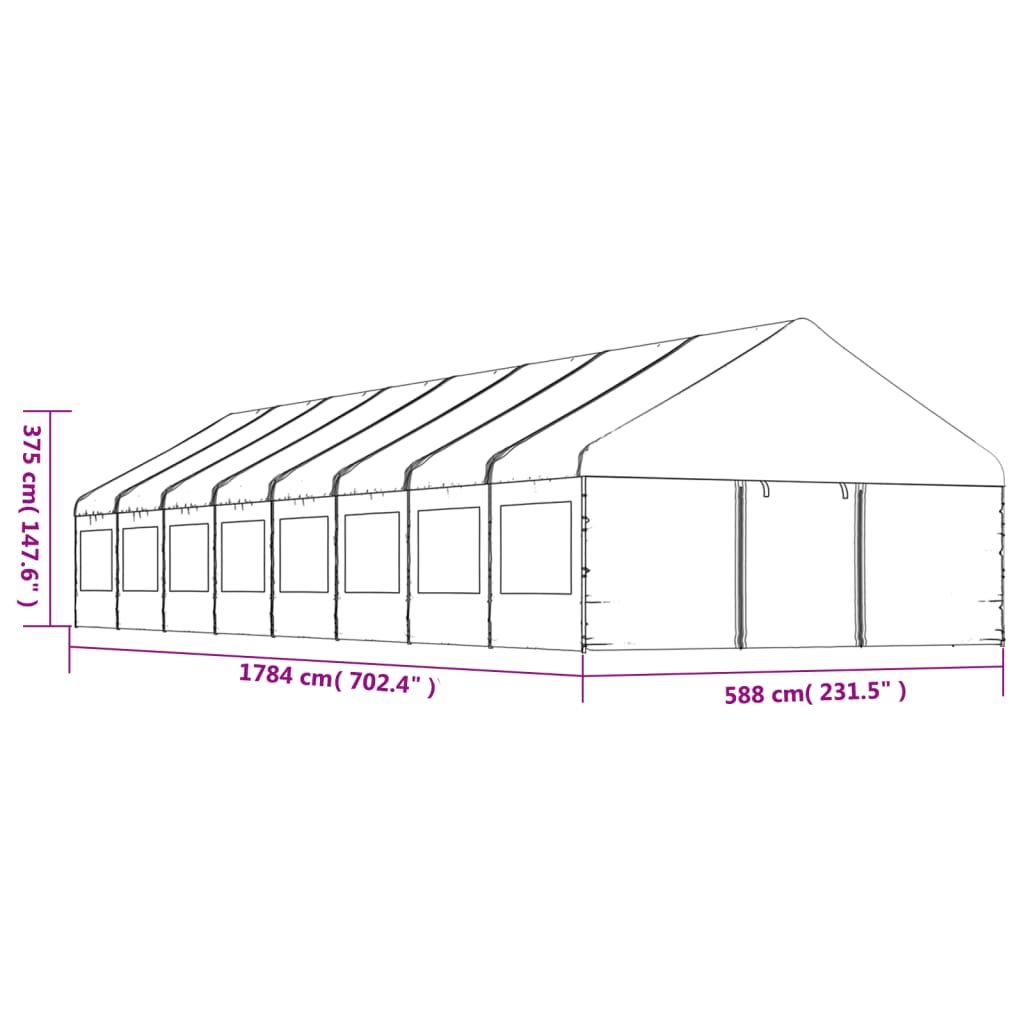 Prieel met dak 17,84x5,88x3,75 m polyetheen wit