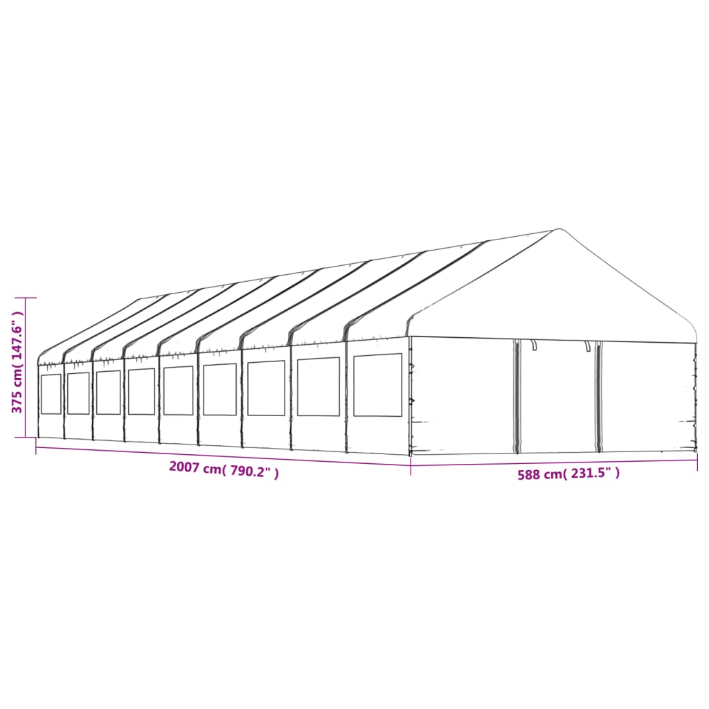 Prieel met dak 5,88x2,23x3,75 m polyetheen wit