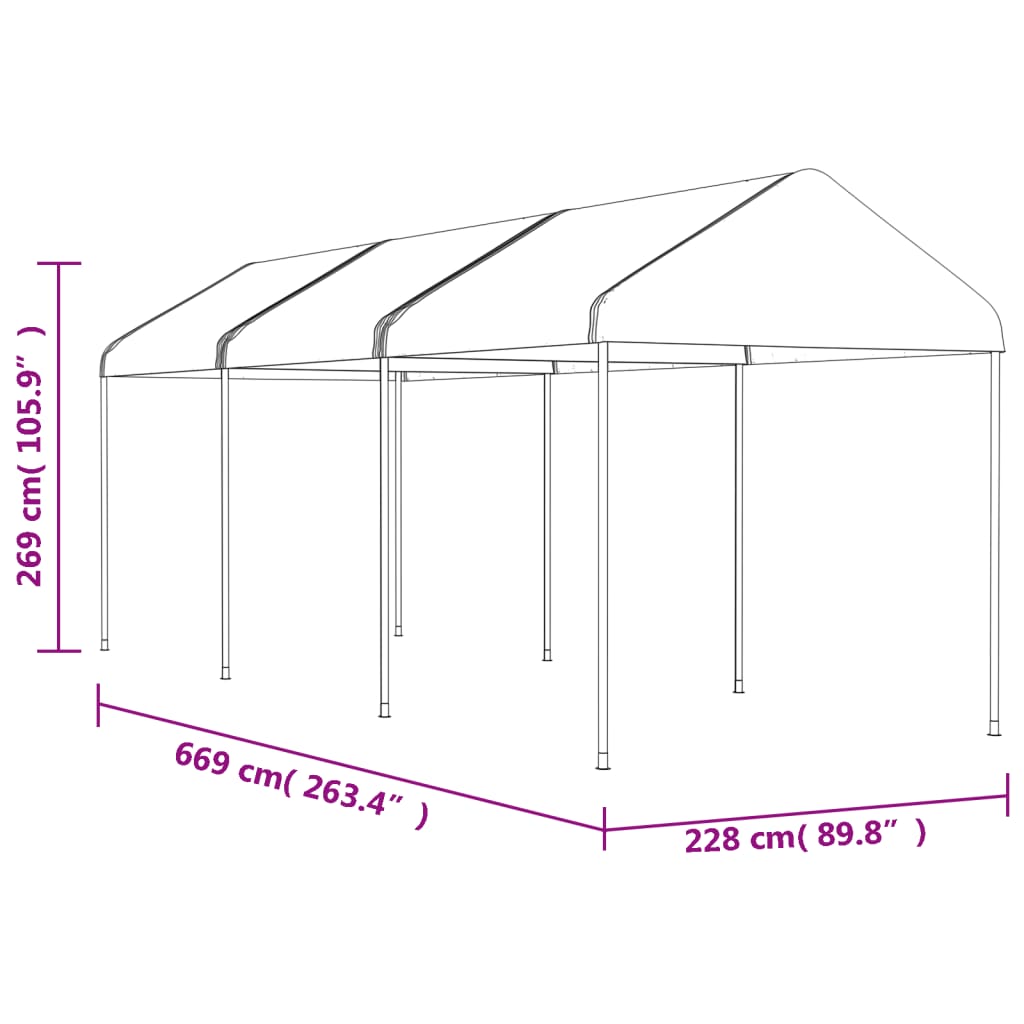 Prieel met dak 6,69x2,28x2,69 m polyetheen wit