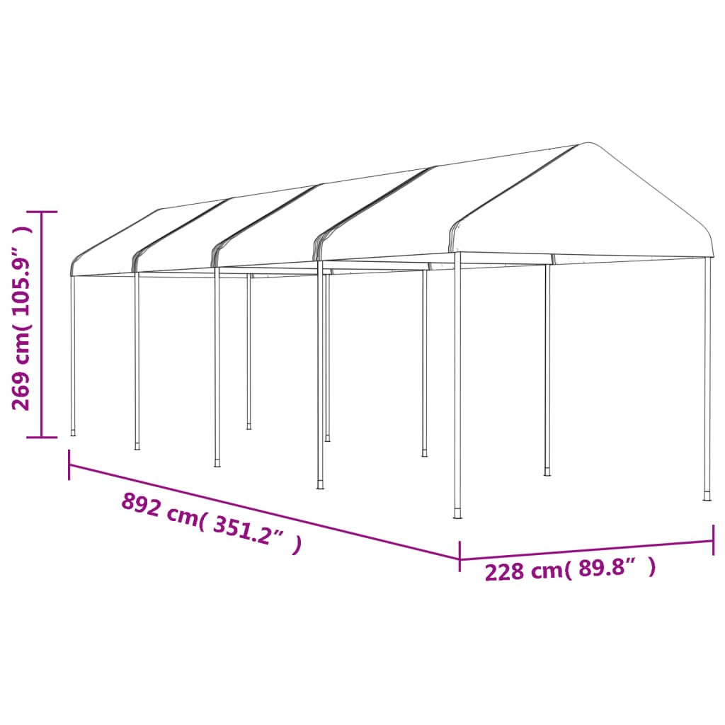 Prieel met dak 6,69x2,28x2,69 m polyetheen wit