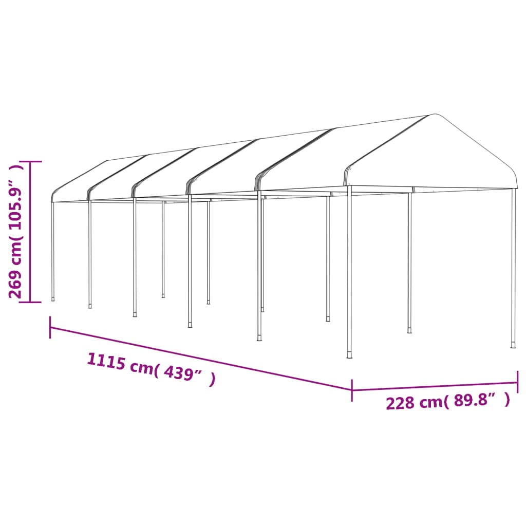 Prieel met dak 6,69x2,28x2,69 m polyetheen wit