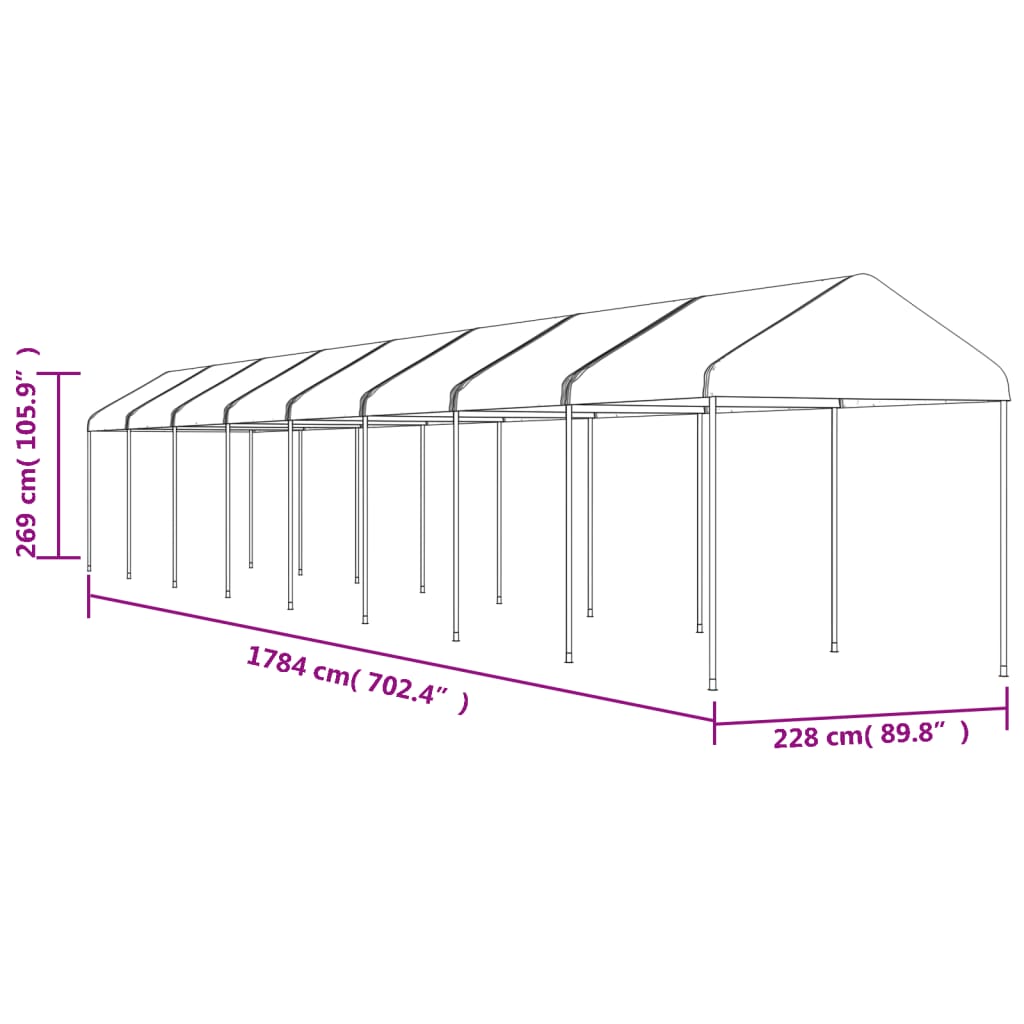 Prieel met dak 6,69x2,28x2,69 m polyetheen wit