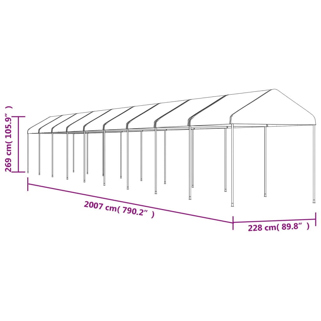 Prieel met dak 6,69x2,28x2,69 m polyetheen wit