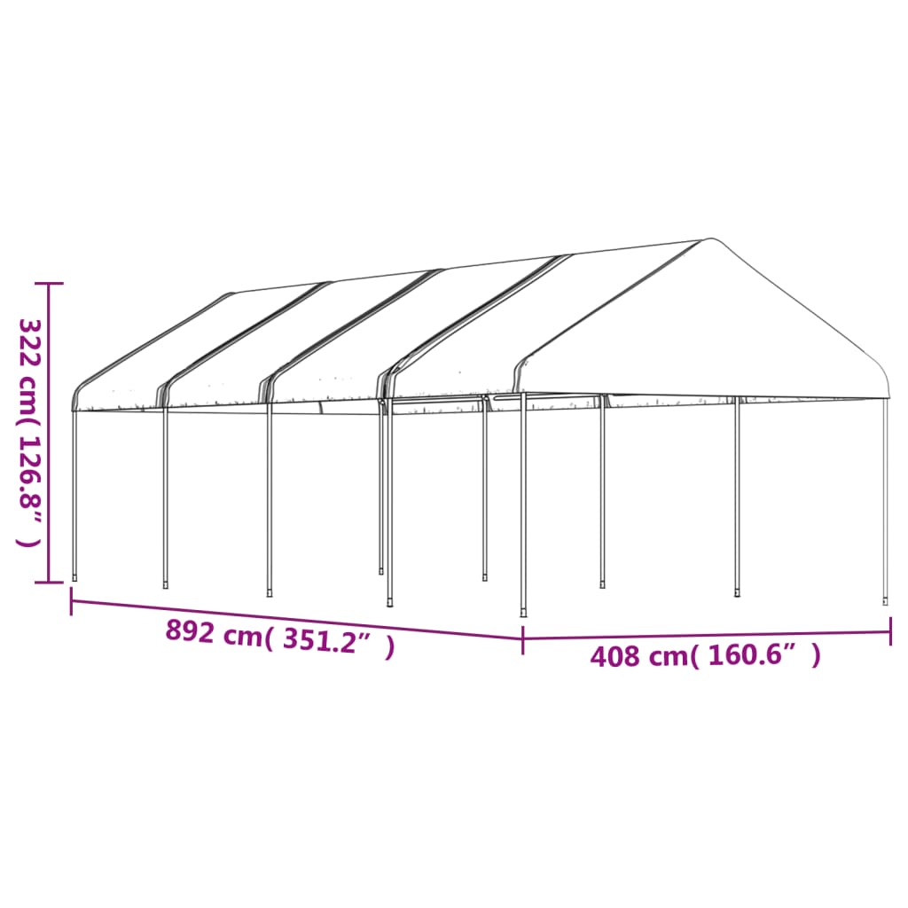 Prieel met dak 13,38x4,08x3,22 m polyetheen wit