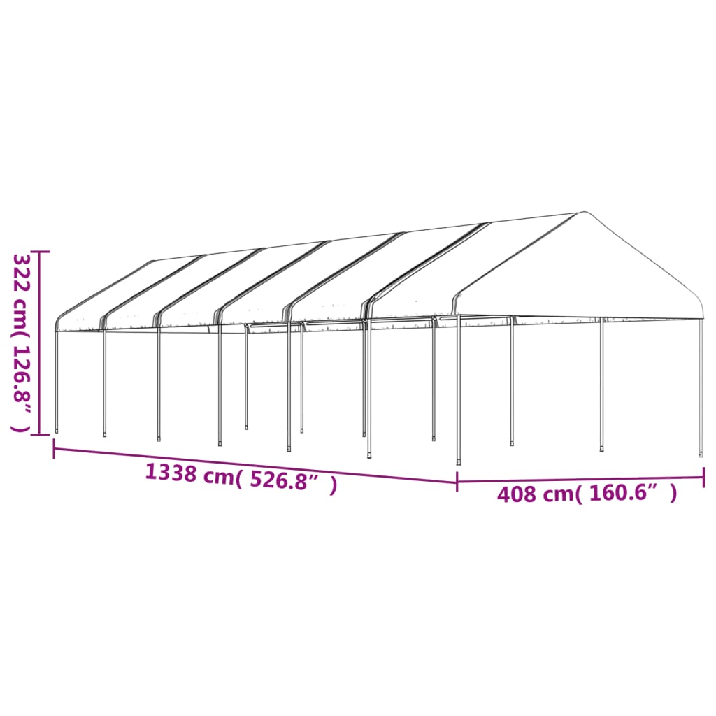 Prieel met dak 13,38x4,08x3,22 m polyetheen wit