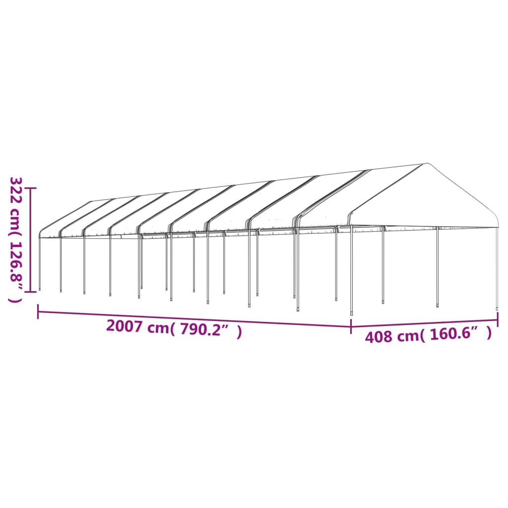 Prieel met dak 13,38x4,08x3,22 m polyetheen wit