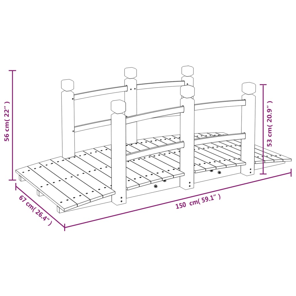 Tuinbrug met kettingrails 150x67x56 cm massief vurenhout