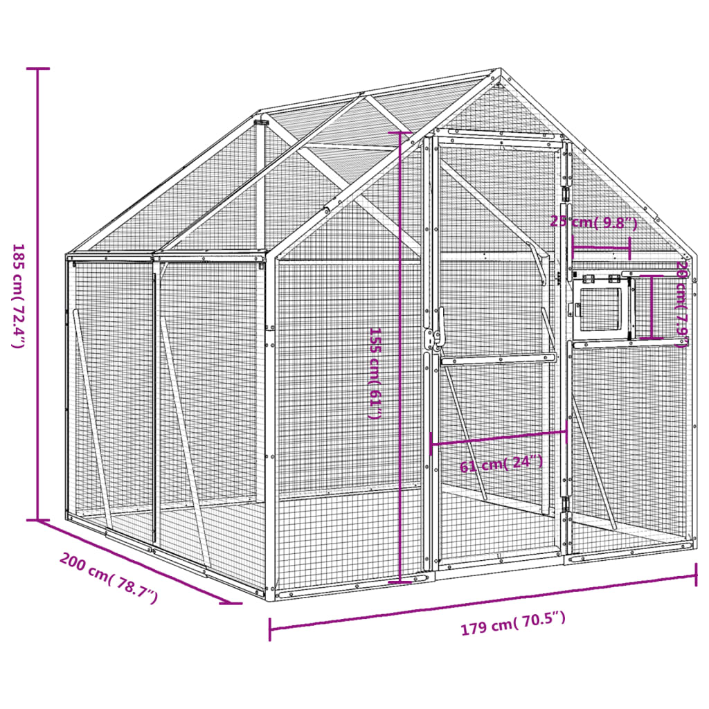 Volière 1,79x8x1,85 m aluminium zilverkleurig