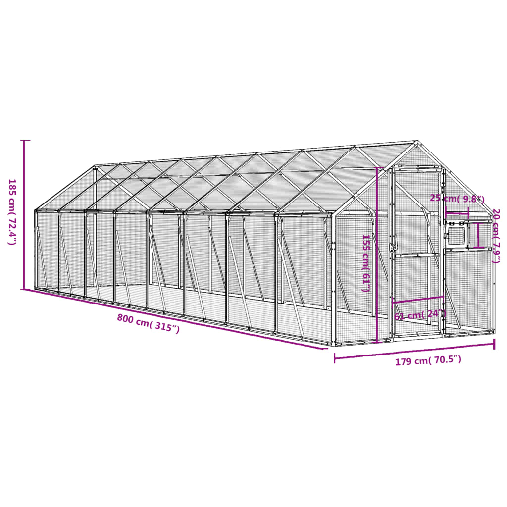 Volière 1,79x8x1,85 m aluminium zilverkleurig