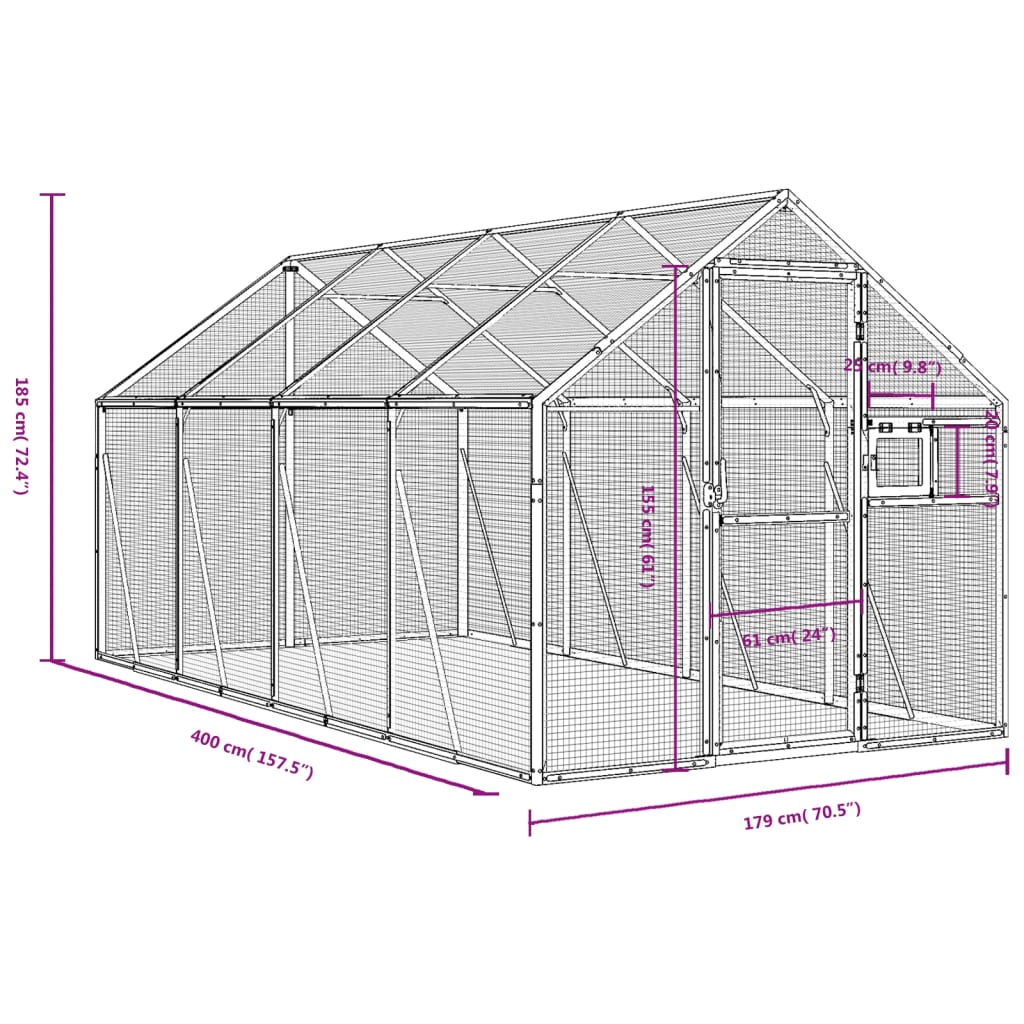 Volière 1,79x8x1,85 m aluminium zilverkleurig