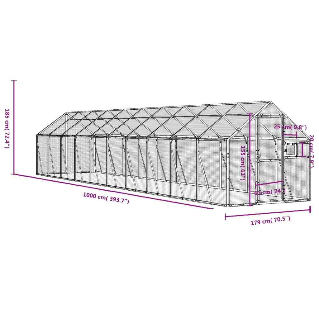 Volière 1,79x8x1,85 m aluminium zilverkleurig