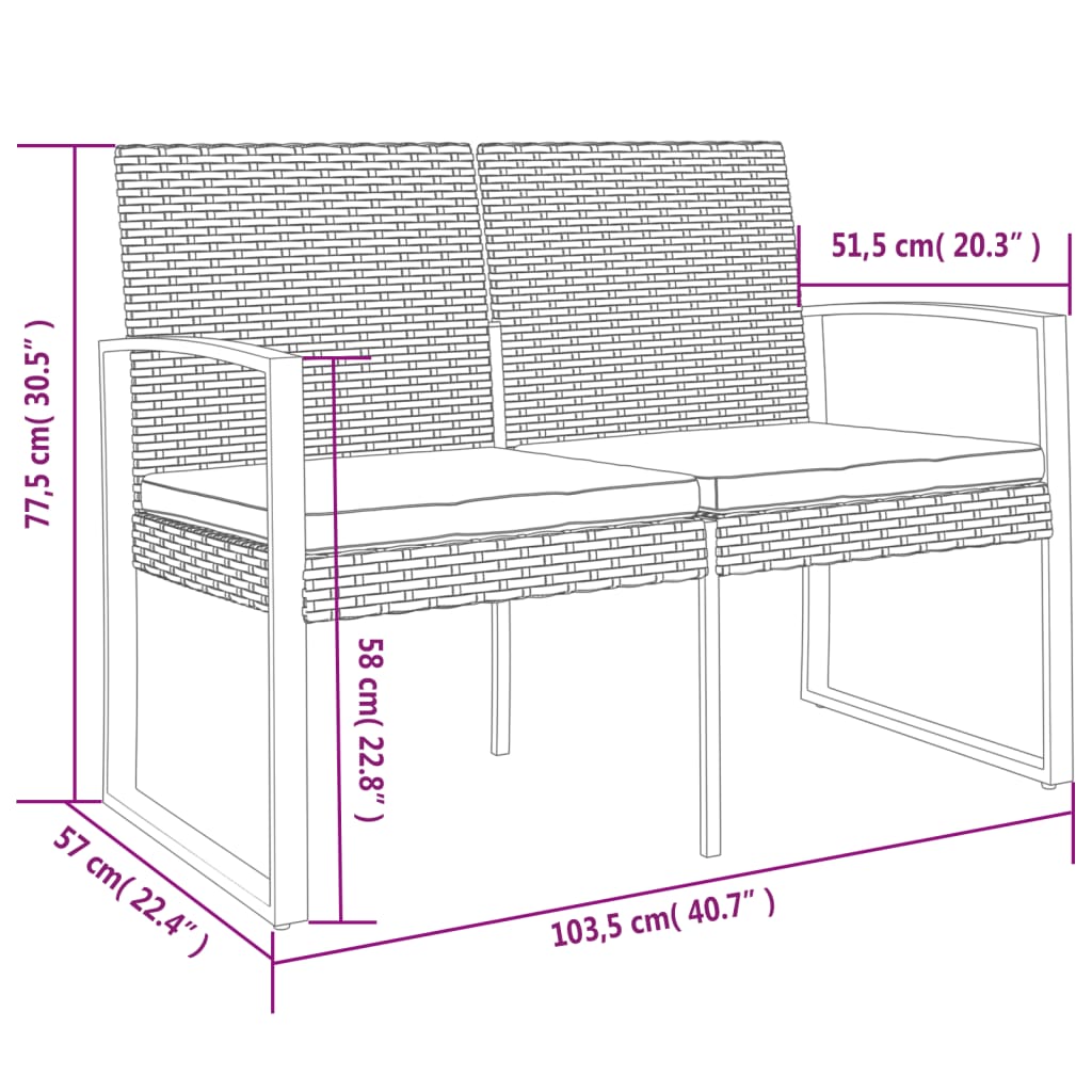 Tuinbank 2-zits met kussens polypropeen rattan