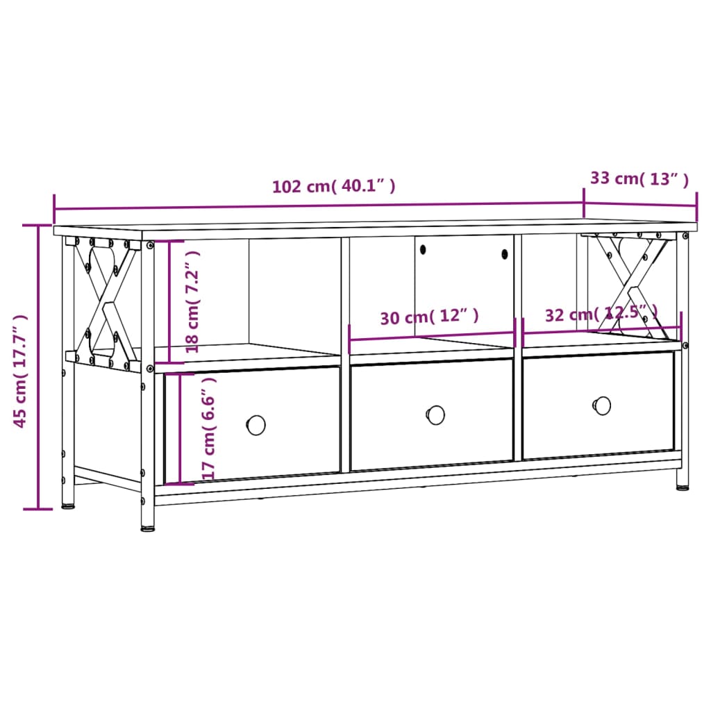 Tv-meubel 90x33x45 cm bewerkt hout en ijzer bruin eikenkleur