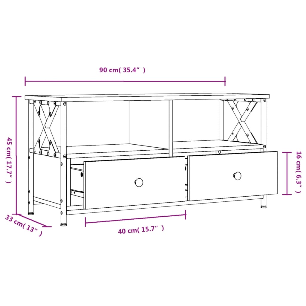 Tv-meubel 90x33x45 cm bewerkt hout en ijzer bruin eikenkleur