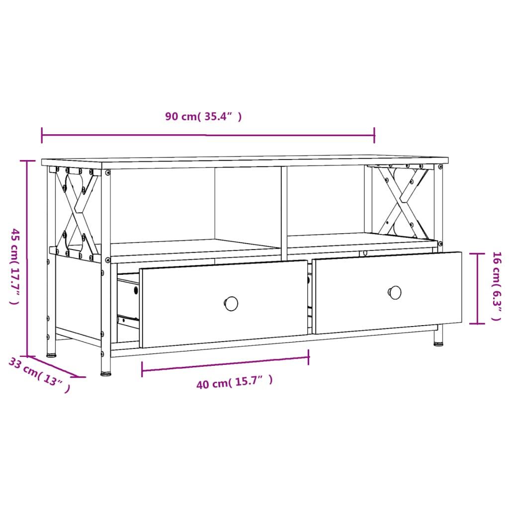 Tv-meubel 102x33x45 cm bewerkt hout en ijzer eikenkleur