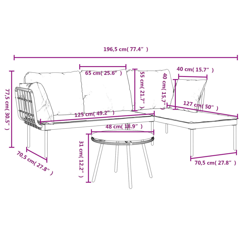 3-delige Loungeset met kussens poly rattan donkergrijs