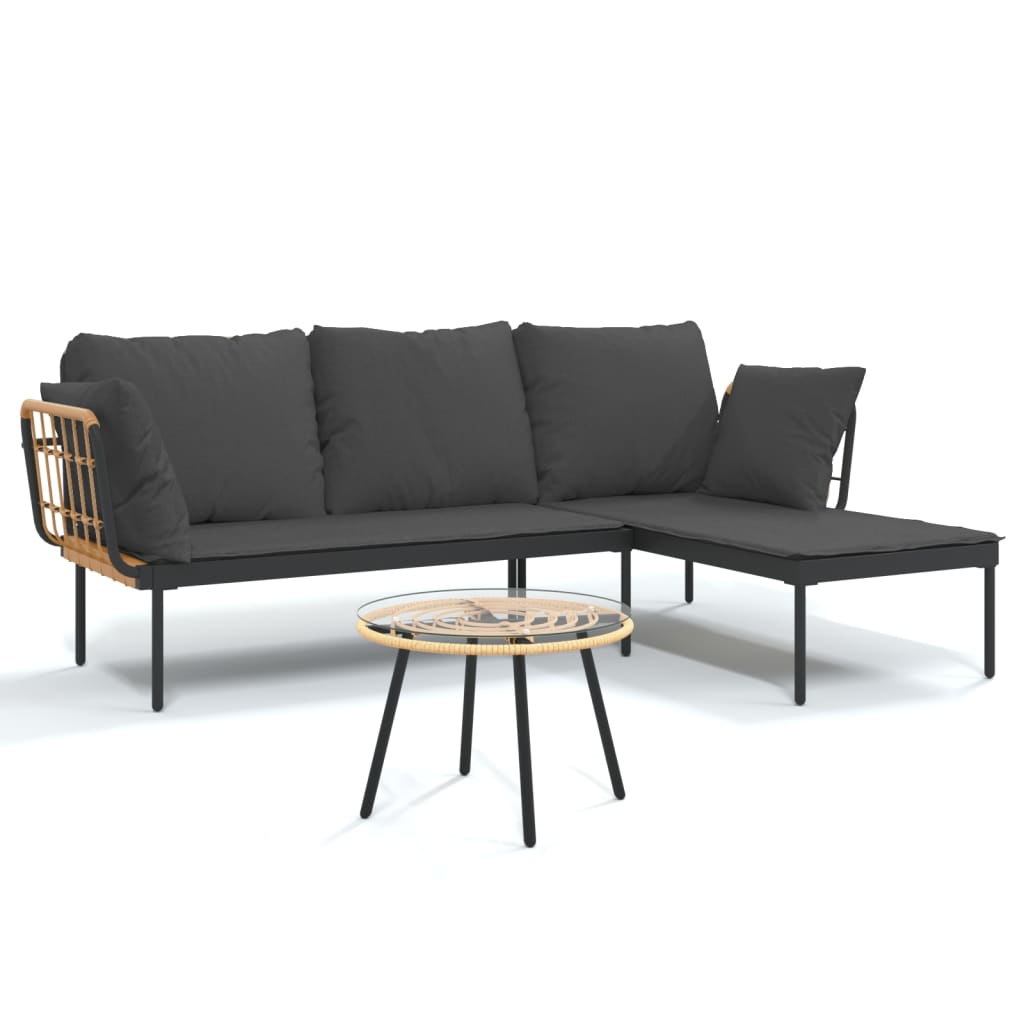 3-delige Loungeset met kussens poly rattan donkergrijs