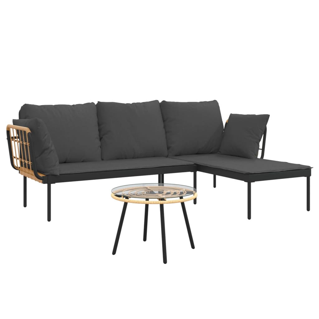 3-delige Loungeset met kussens poly rattan donkergrijs