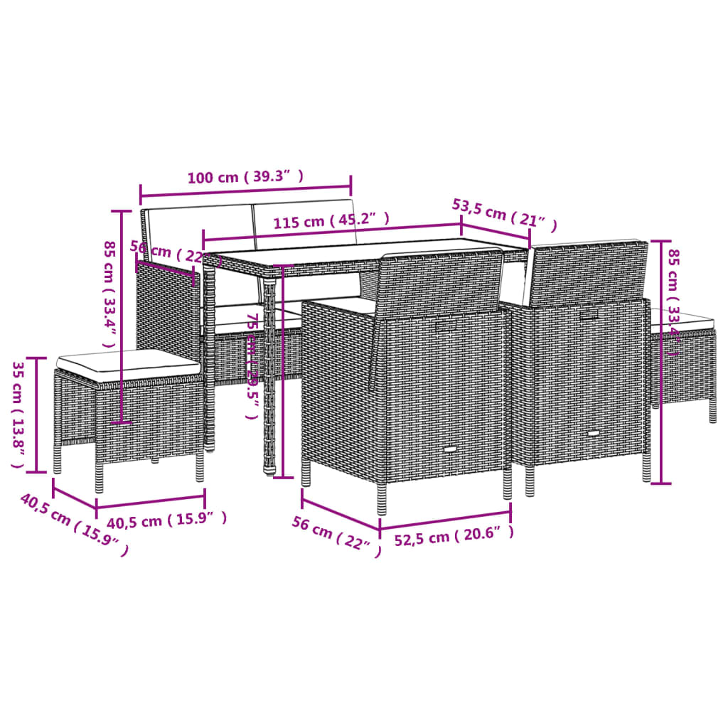 6-delige Tuinset met kussens poly rattan