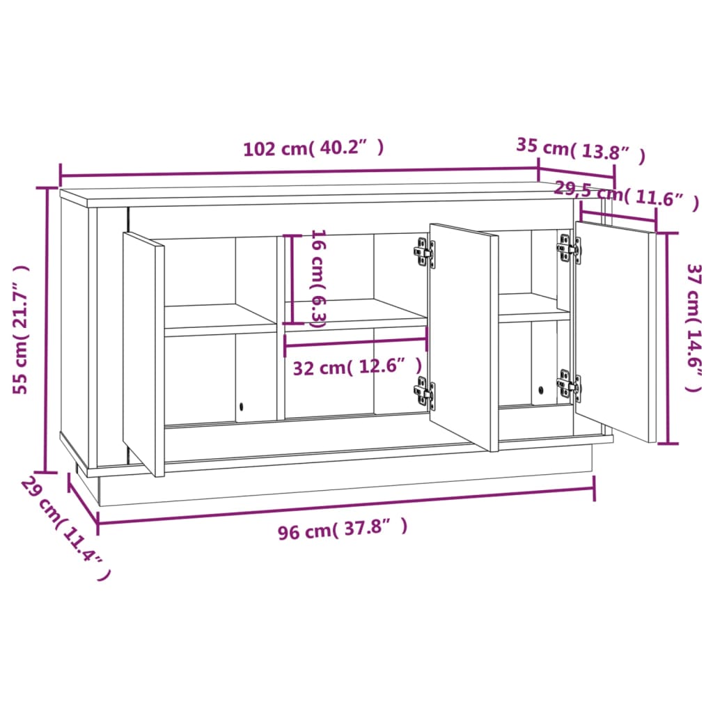 Dressoir 102x35x55 cm bewerkt hout wit