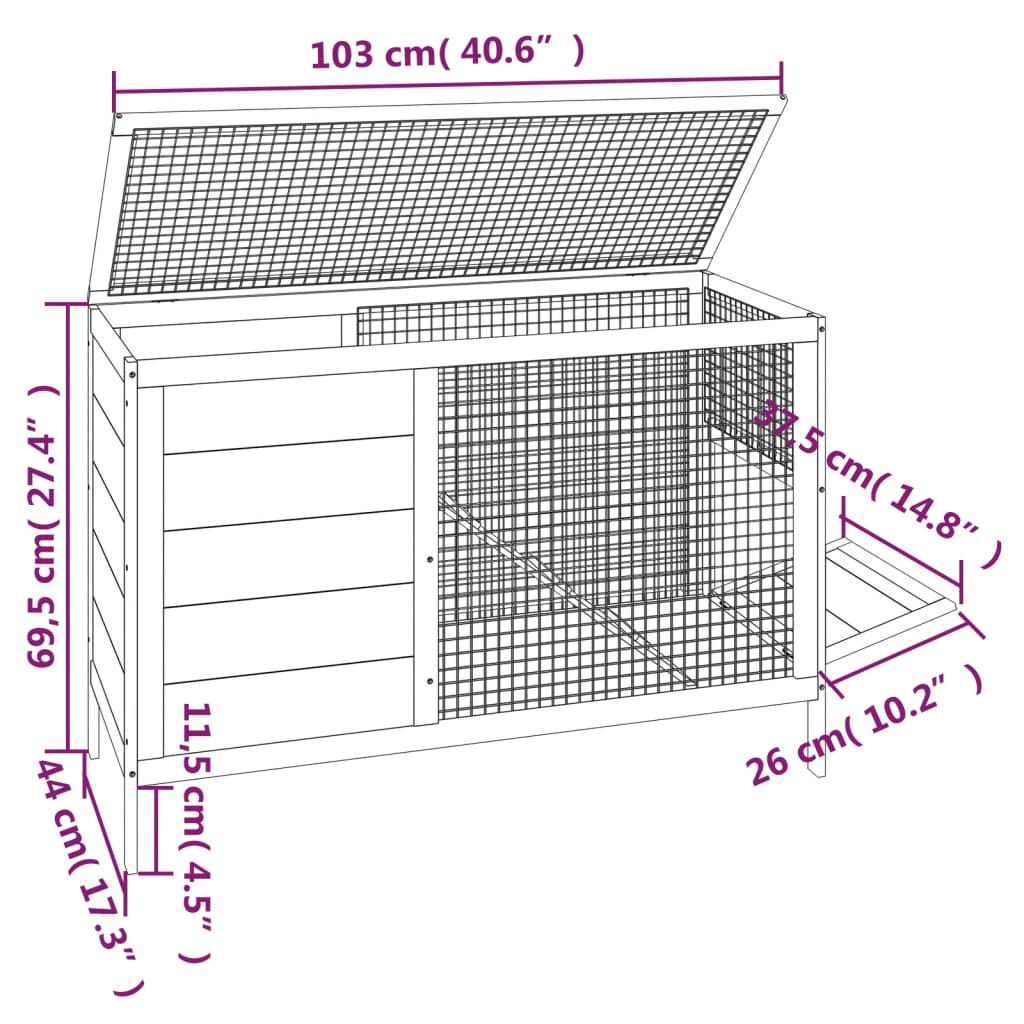 Konijnenhok 103x44x69,5 cm massief grenenhout