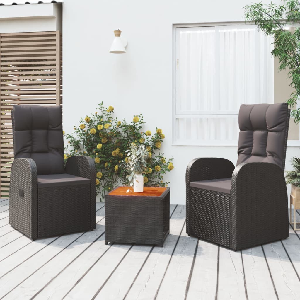 3-delige Loungeset poly rattan en staal zwart