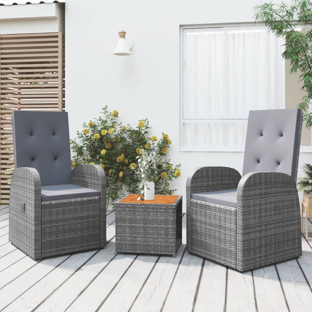 3-delige Loungeset poly rattan en massief acaciahout grijs