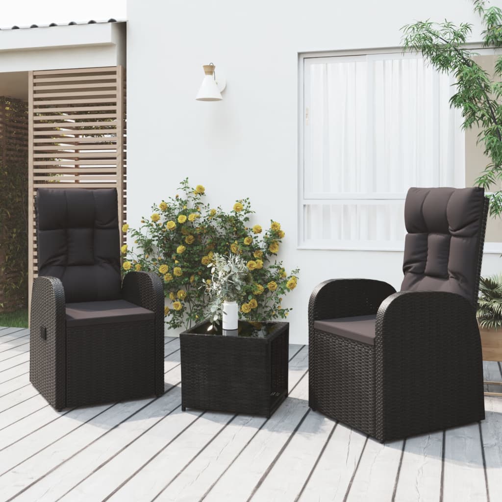 3-delige Loungeset poly rattan en staal zwart