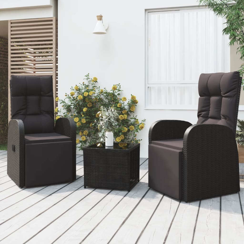 3-delige Loungeset poly rattan en staal zwart