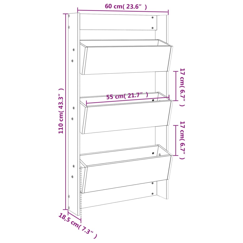 Plantenbak wandmontage 3-laags 60x18,5x110 cm