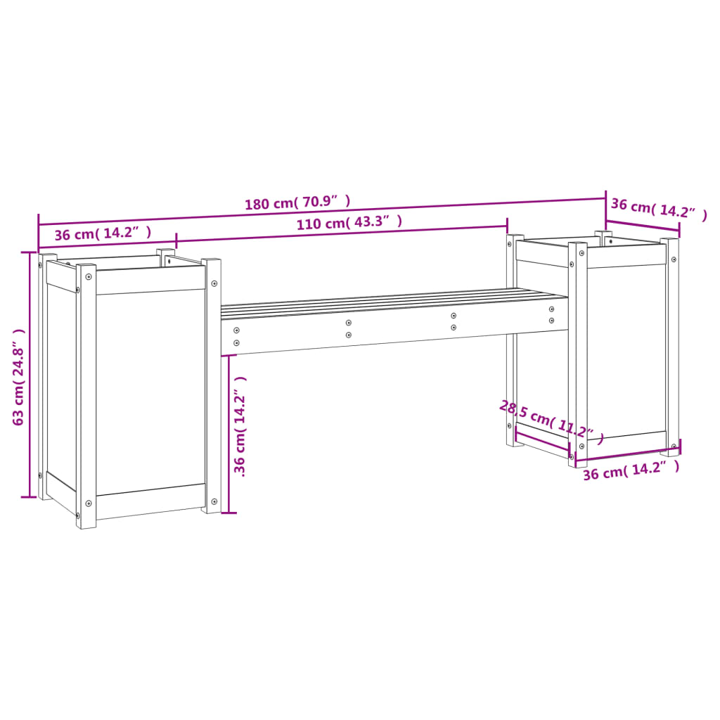 Bankje met plantenbakken 180x36x63 cm