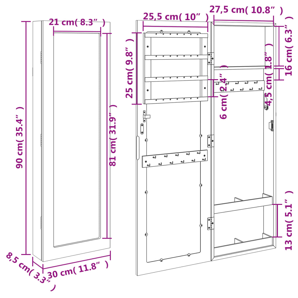 Sieradenkast met spiegel wandgemonteerd 30x8,5x90 cm