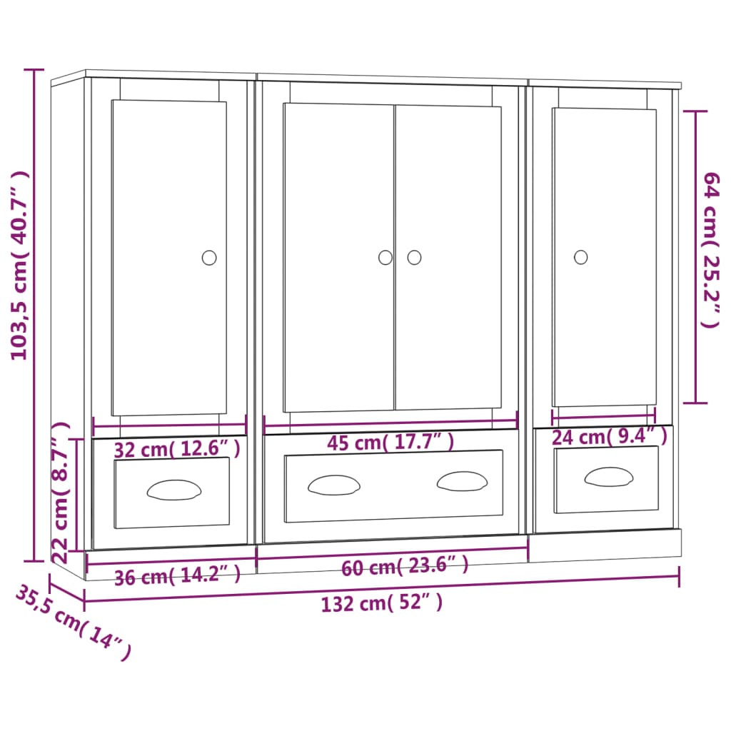 Hoge kasten 3 st bewerkt hout wit