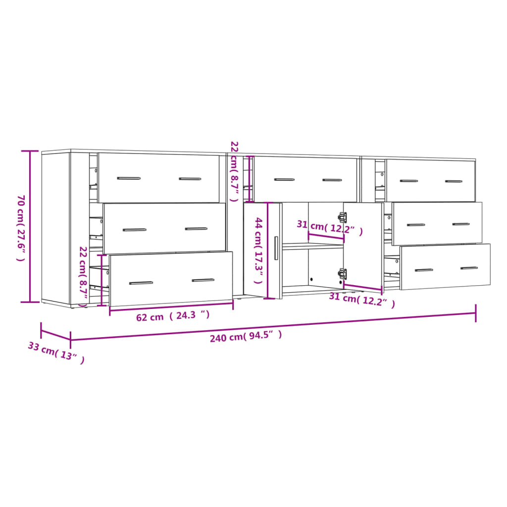 Dressoirs 3 st bewerkt hout eikenkleurig