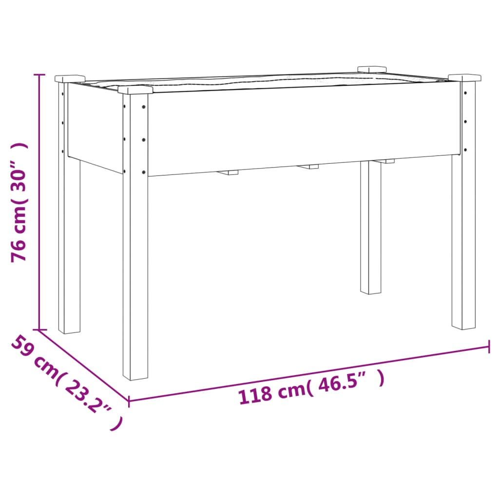 Plantenbak met voering 118x59x76 cm massief vurenhout