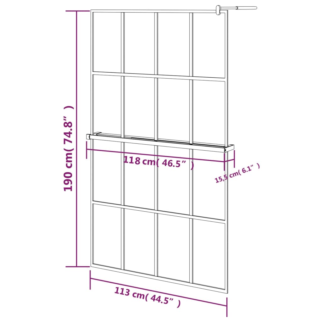 Inloopdouchewand met schap 118x190 cm ESG-glas aluminium zwart