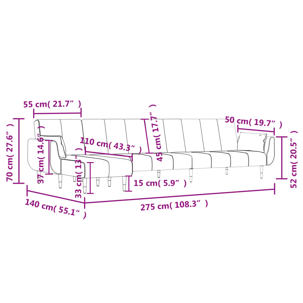 Slaapbank L-vormig 275x140x70 cm fluweel