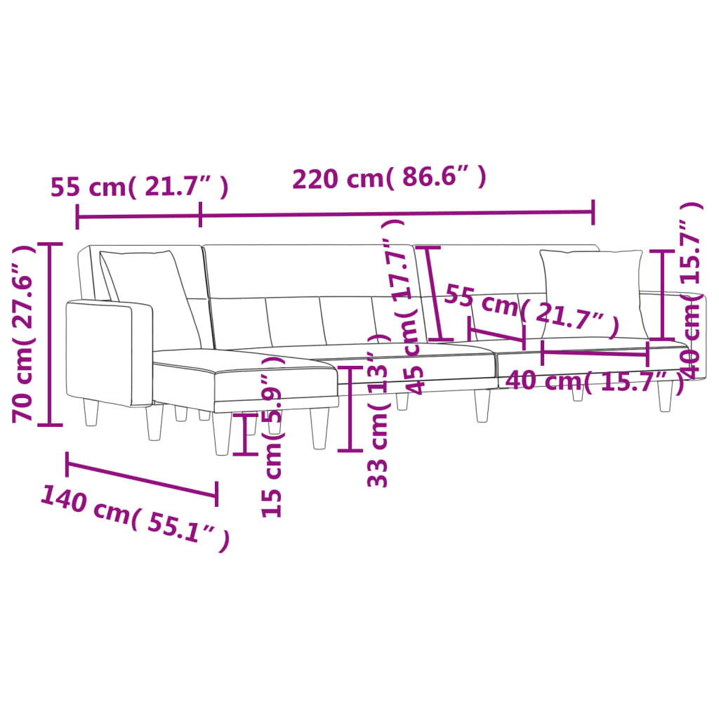 Slaapbank L-vormig 275x140x70 cm stof