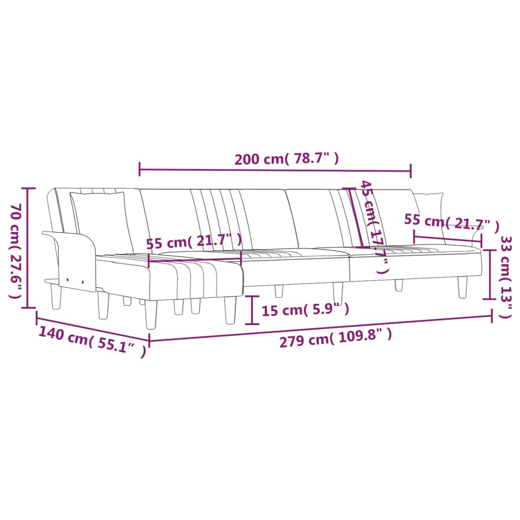 Slaapbank L-vormig 279x140x70 cm stof