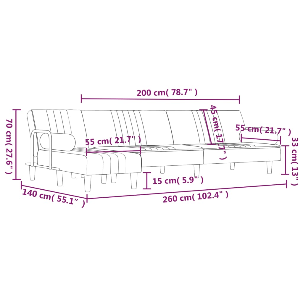 Slaapbank L-vormig 260x140x70 cm fluweel donkergrijs