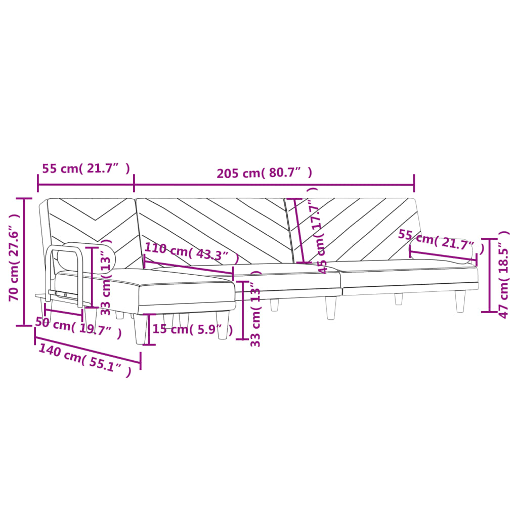 Slaapbank L-vormig 260x140x70 cm stof