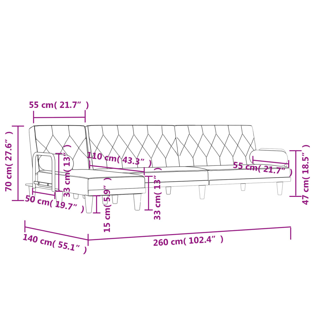 Slaapbank L-vormig 260x140x70 cm stof donkergrijs