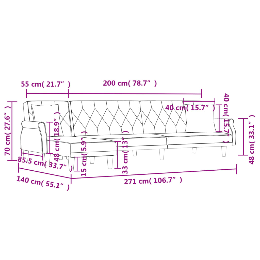 Slaapbank L-vormig 271x140x70 cm fluweel