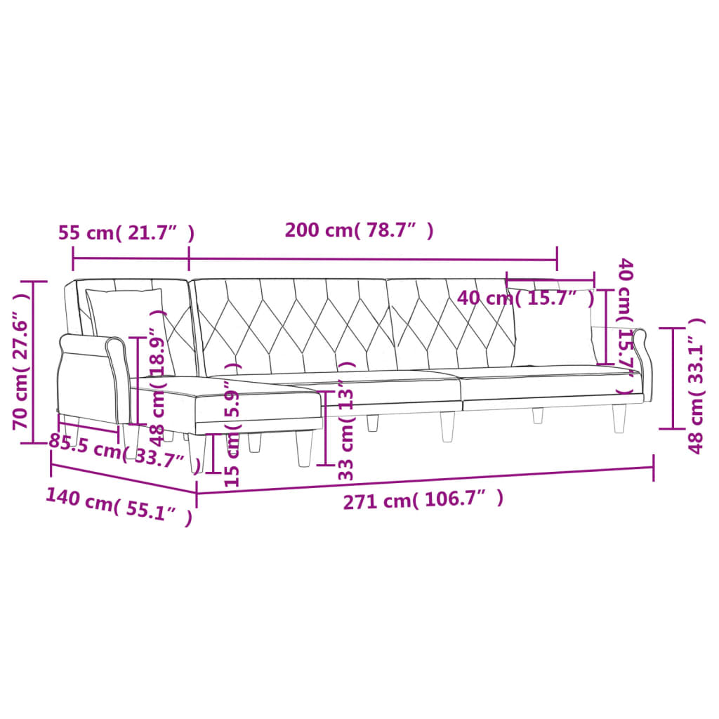 Slaapbank L-vormig 271x140x70 cm fluweel