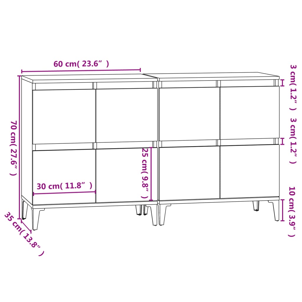 Dressoirs 3 st 60x35x70 cm bewerkt hout