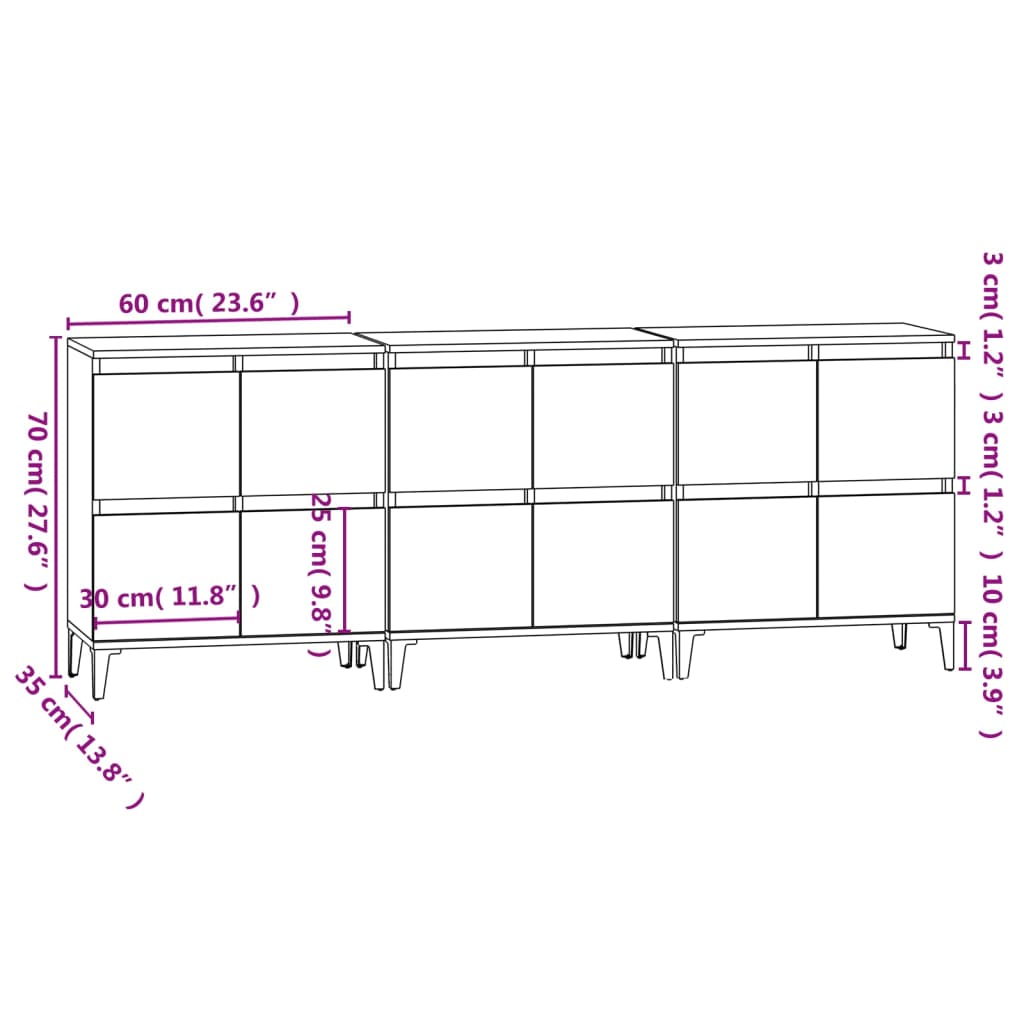 Dressoirs 3 st 60x35x70 cm bewerkt hout